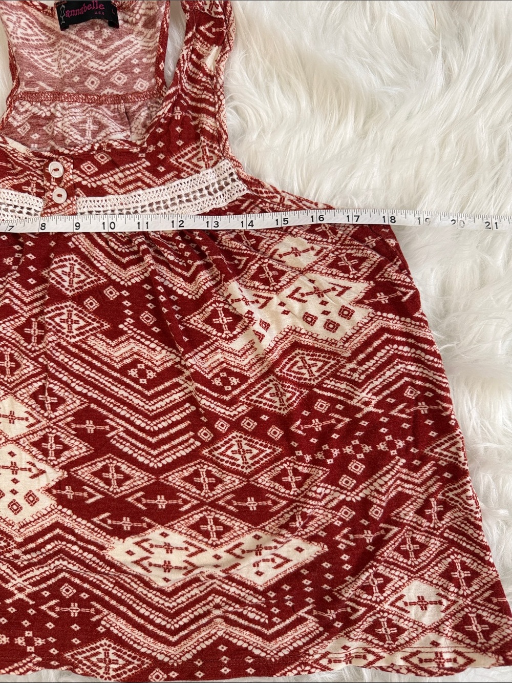 Annabelle USA Boho Tank Top Women’s Large Red Cream Geometric Lace Trim Flowy - Picture 3 of 6